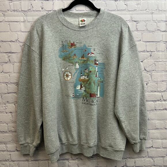 Vintage Gray Pullover Crew Neck Michigan Lighthouse Map Sweater Size XL - Picture 1 of 4